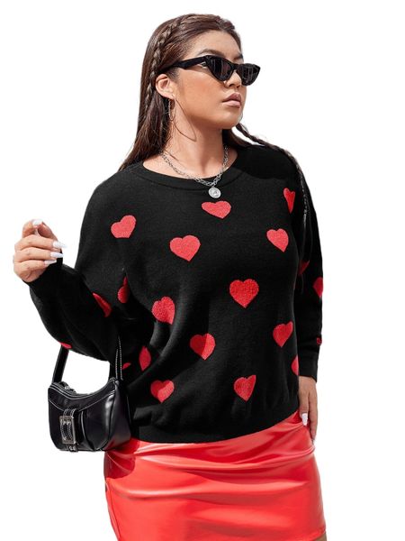 

plus heart pattern drop shoulder sweater k5sl#, Black
