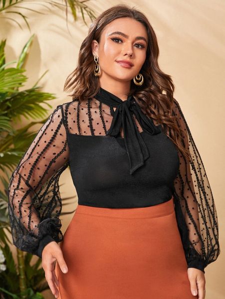 

plus floral embroidered dobby mesh tie neck d3nw#, Black