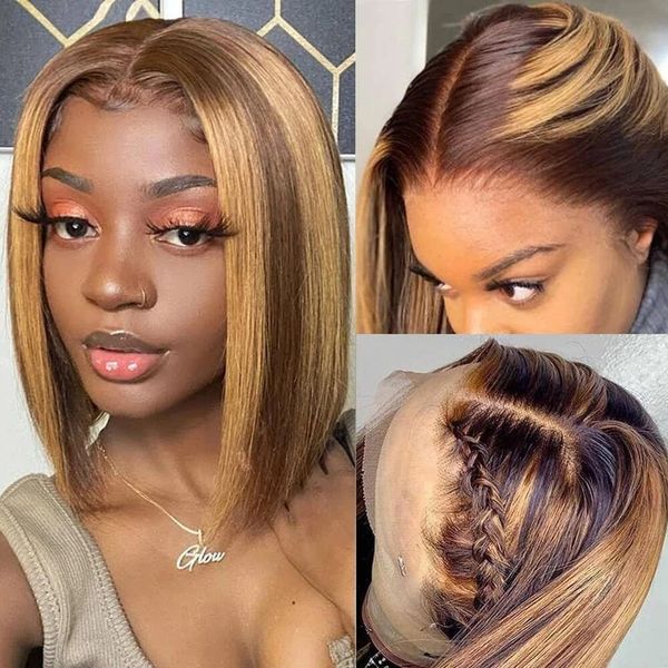

highlight brown short bob straight brazilian human hair wigs with natural hairline synthetic lace front wig for women, Black