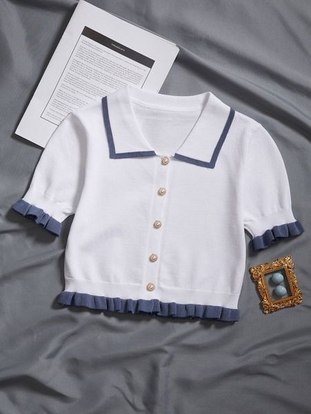 

button front contrast binding frill trim cardigan l7ee#, White;black