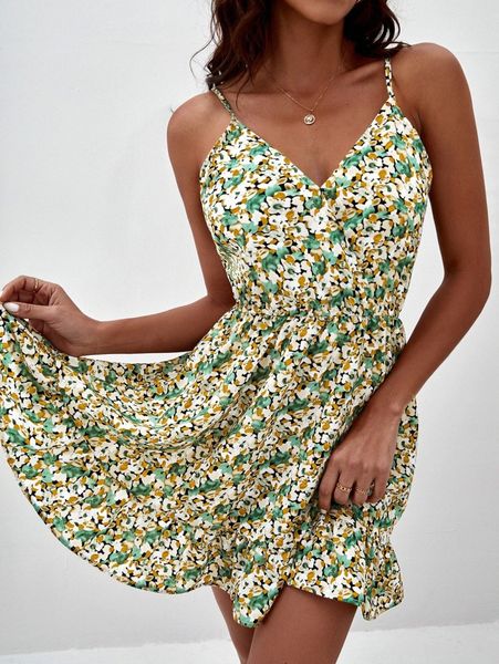 

allover floral print ruffle hem cami dress 861f#, Black;gray