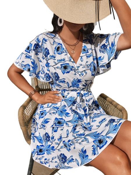 

sxy floral print butterfly sleeve two layer hem belted dress s1io#, Black;gray