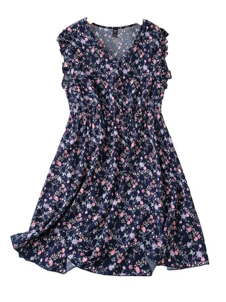 

plus ditsy floral frill trim dress q60y#, Black