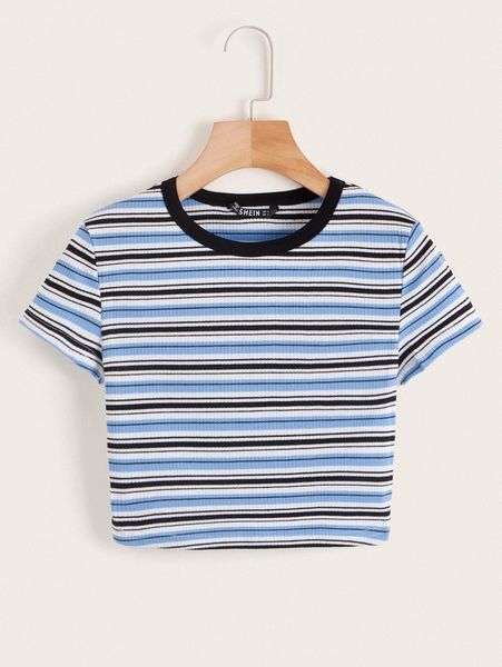 

contrast neck striped rib-knit crop tee p4ls#, White