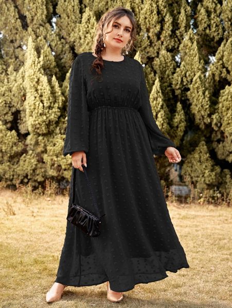 

plus swiss dot bishop sleeve maxi a-line dress h4va#, Black