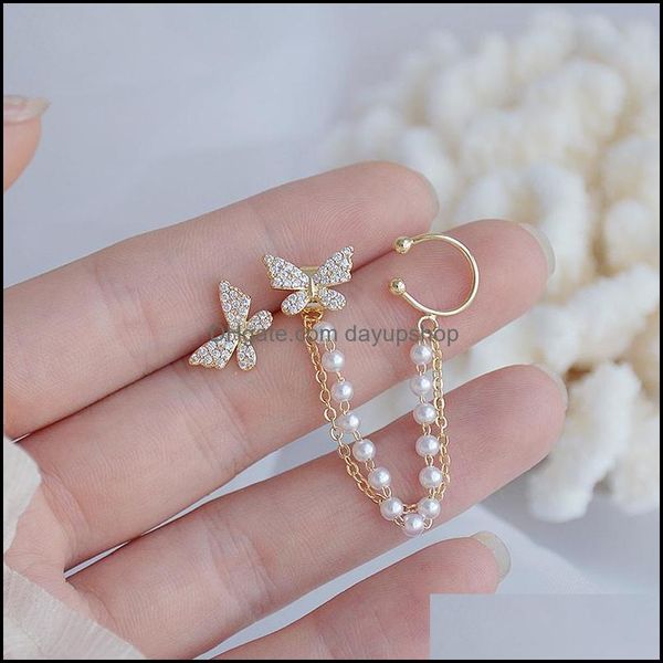 

clip-on screw back korean temperament pearl butterfly ear bone clip ear dhlkh, Silver