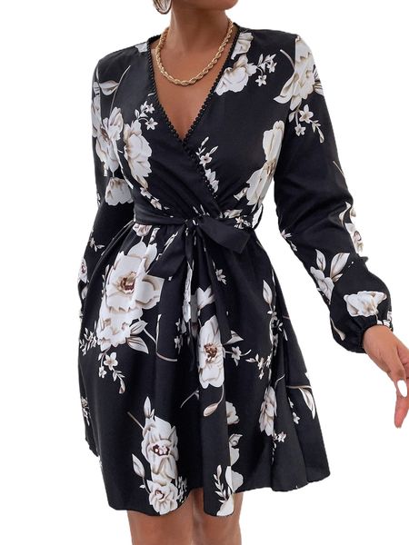 

floral surplice neck lantern sleeve belted dress u8uj#, Black;gray
