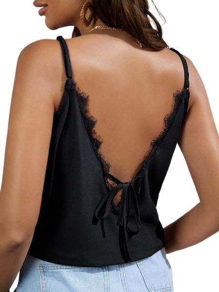 

eyelash lace trim tie back cami m2a6#, White