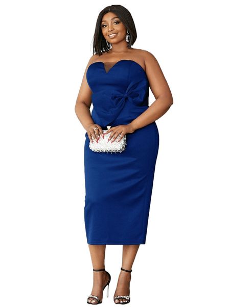 

seomiscky plus big bow front split hem tube dress h2bj#, Black