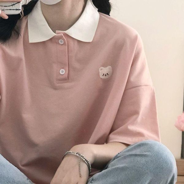 Polo da donna Camicia a maniche corte preppy estiva Giappone Bella ragazza Carina T-shirt con risvolto oversize con ricamo orso abbinato per le donneDonna