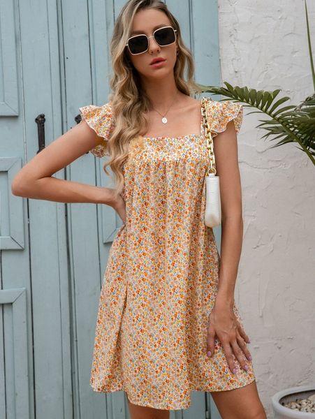 

ditsy floral ruffle sleeve dress 0562#, Black;gray