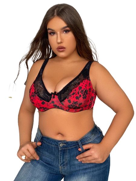 

plus floral print lace panel bow front underwire bra s5cg#, Black;white