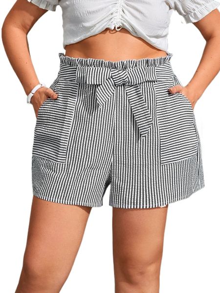 

plus vertical striped paperbag waist knot front shorts 79yv#, Black