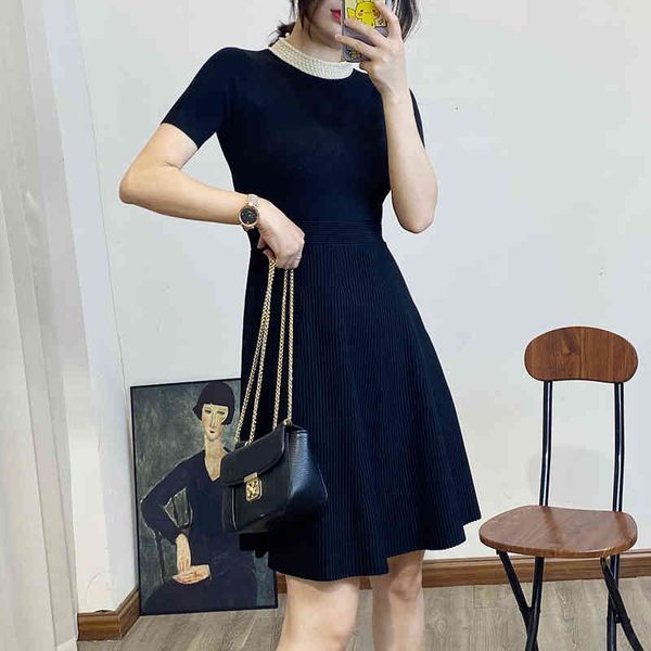 

casual dresses knitted dress spring and autumn women's french small fragrance pearl collar slim fit skirt, Black;gray