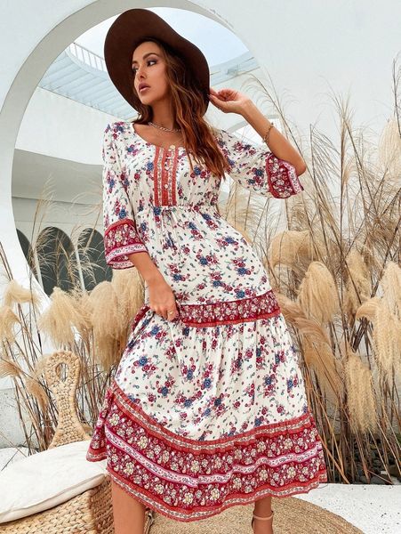 

ditsy floral print drawstring waist ruffle hem dress u7wy#, Black;gray