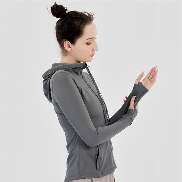 

women sport jacket zipper yoga coat quick dry cardigan hooded fitness running sportwear gym workout girl elastic jogging jack252m, Gray