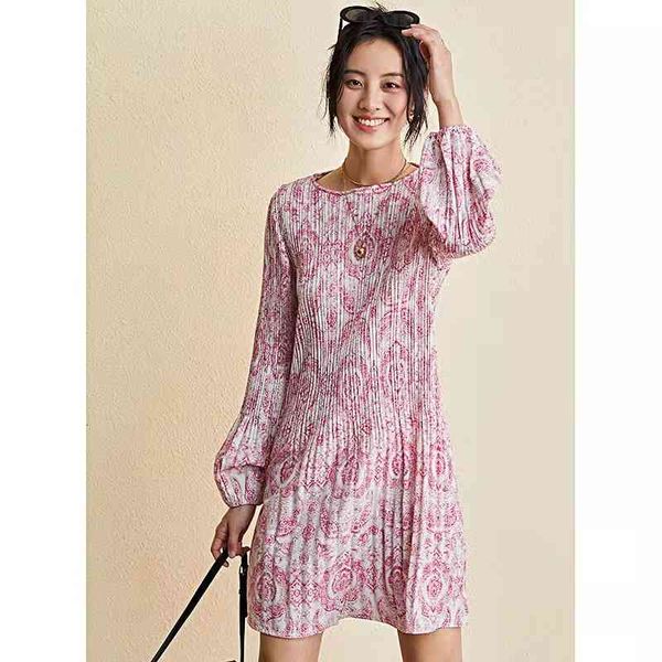 

casual dresses french single  spring and summer long sleeve crimped round neck waist closing lantern sleeve printed micro horn dress, Black;gray