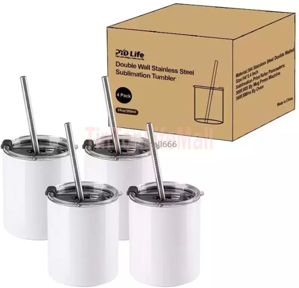 Bicchiere vuoto a sublimazione Bicchiere in acciaio inossidabile bianco da 10 OZ con cannuccia e coperchio Tazze da caffè Tazze per Cricut Mug Press Stampa AA