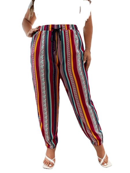 

plus vertical striped & geo print drawstring waist pants q2wa#, Black