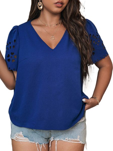 

plus laser cut out puff sleeve blouse o0pb#, Black