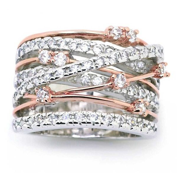 

women's zircon crystal wedding ring, geometric color separation x-shaped design, jewelry, Golden;silver