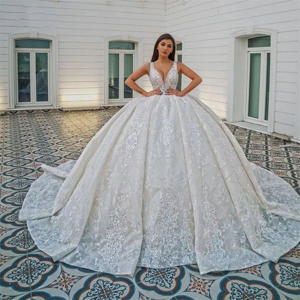 

luxury ball gown wedding dresses appliques v neck spaghetti straps sleeveless lace appliques sequins beads lace ruffles floor length princes, White