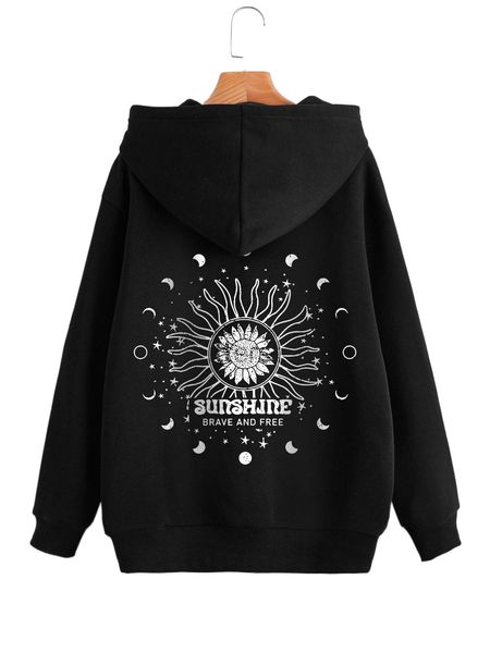 

sun & moon print drop shoulder drawstring thermal hoodie 52vm#, Black