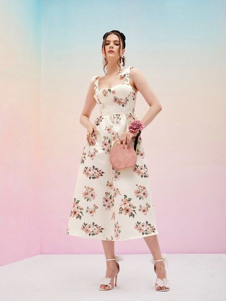 

allover floral print knot shoulder dress a1zf#, Black;gray