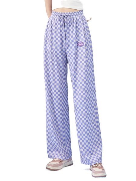 

checkered print letter patched detail drawstring waist pants 224t#, Black;white