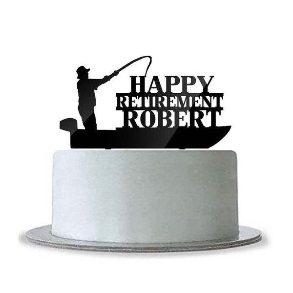 Personalisierter Happy Retirement Cake Topper mit Namen, Fischerboot, Fischer-Silhouette, Party-Deko-Ideen für Papa 220618