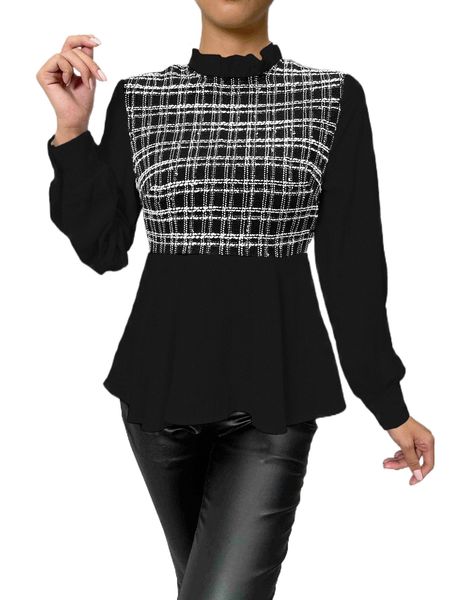 

plaid frill trim peplum hem tweed blouse y3ro#, White