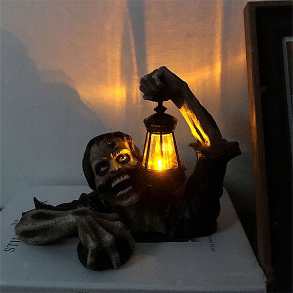 Outras festa festivas suprimentos de Halloween decoração de lanterna rastreadora zumbi estátua com resina de resina leve LED Haunted House Yard Garden Horror Prop 220826