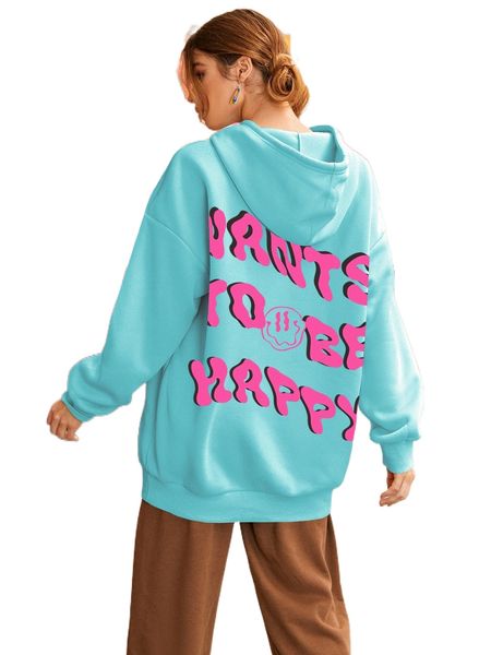 

slogan and cartoon graphic drop shoulder drawstring oversized hoodie g8ec#, Black