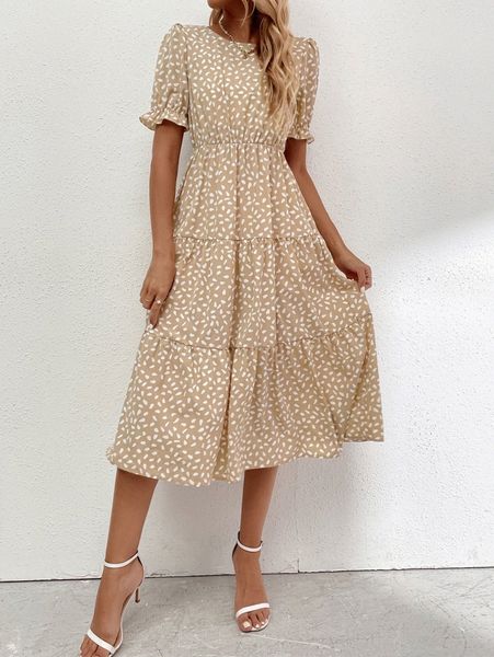 

allover print puff sleeve ruffle hem dress j9gb#, Black;gray