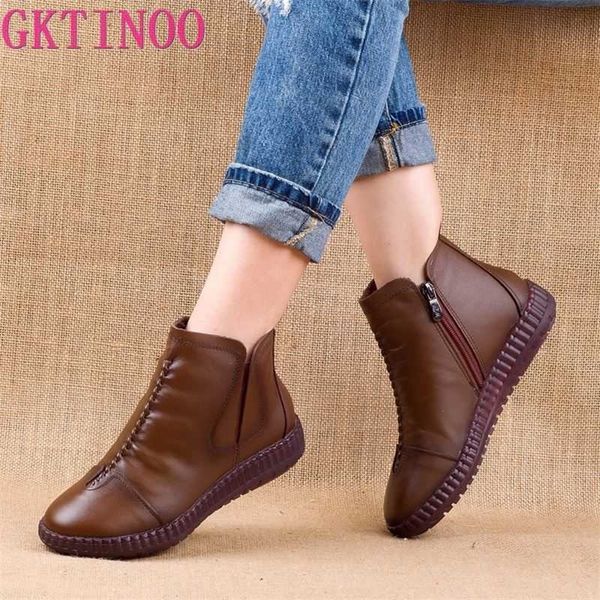 

gktinoo winter genuine leather ankle boots handmade lady soft flat shoes comfortable casual moccasins side zip ankle boots 210911, Black