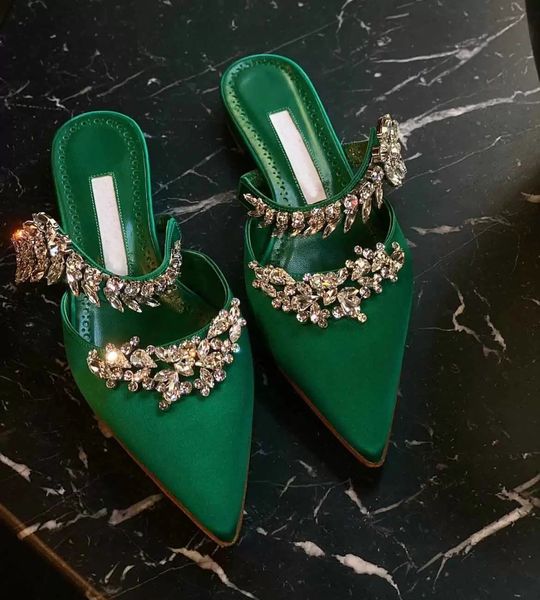 

lurum sandals shoes satin crystal embellished mules pointed toe slippers flat lady comfort party wedding dress eu35-43, Black