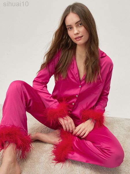 

hiloc splicing feather pyjamas for women nightwear rose red turn-down collar satin women nightwear single breasted home suit l220803, Black;red
