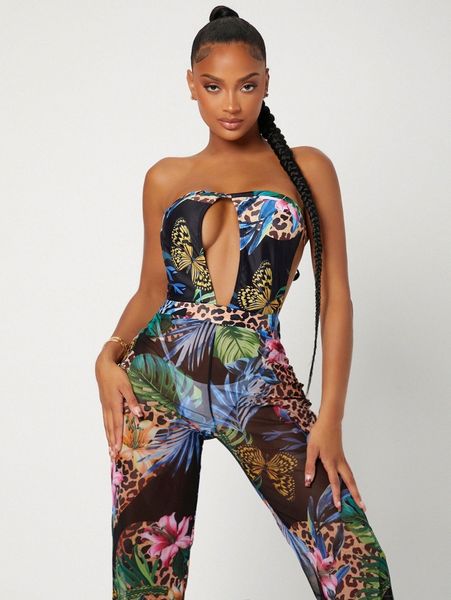 

multiple allover print cut out cover up e14f#, White;black