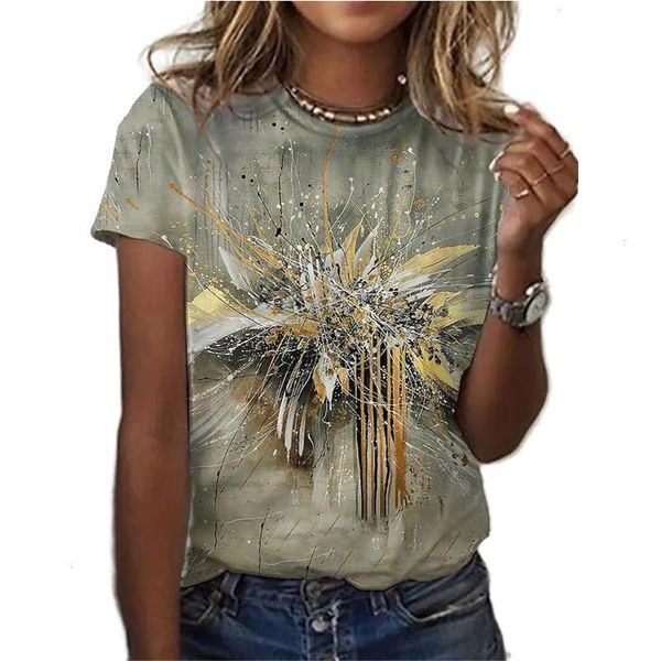 

trend womens short sleeve t-shirt 3d flower print oil painting shirt summer round neck loose and comfortable, White