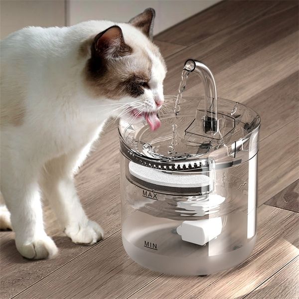 Fonte automática da água do gato 2L com distribuidor transparente do filtro do distribuidor do cão da torneira que bebe o alimentador bebendo para os gatos 220323
