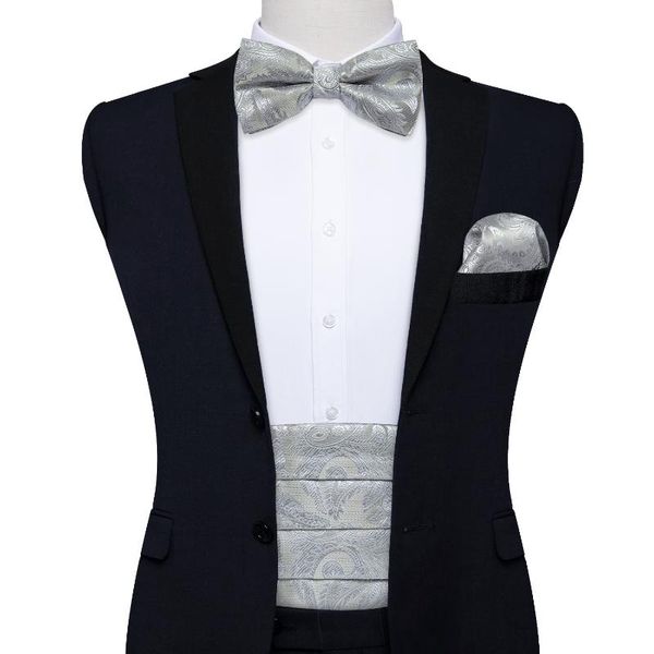 Gürtel Herren Smoking Kummerbund Silber Seide Paisley Fliege Handerchif Manschettenknöpfe Set Formelle Hochzeit Party Kummerbunds Taillenband DiBanGuBe