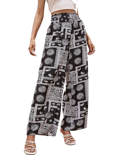 

scarf print wide leg pants j7e4#, Black;white