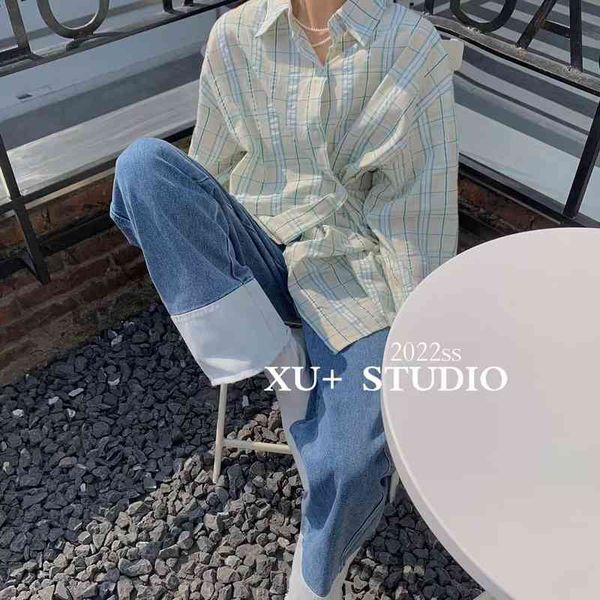 

women's blouses & shirts spring 2022 xu loose korean plaid shirt with irregular oblique button design and versatile casual for women o8, White