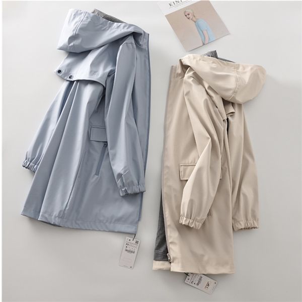 

plus size women's loose medium length hooded windbreaker 2020 spring autumn windproof waterproof raincoat trench coat lady palto t20082, Tan;black