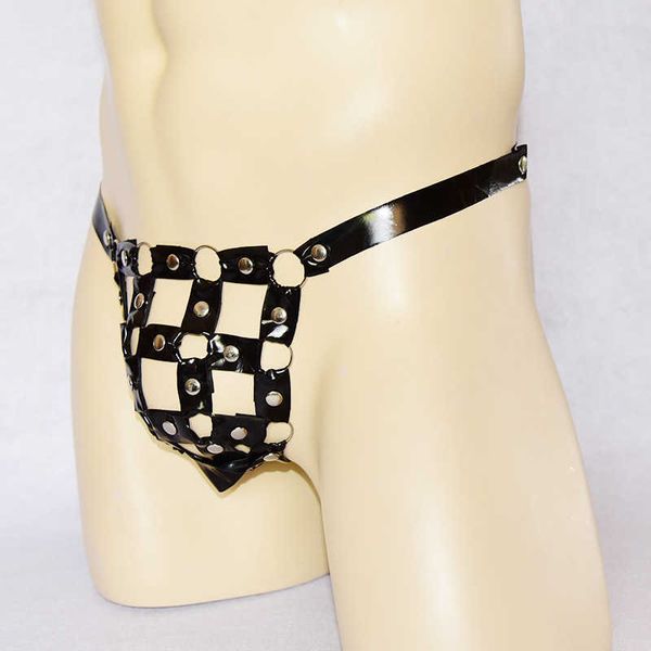 

2022 adultshop men' hollow perspective patent thong men' fun underwear rivet bright leather t pants 4122, Red;black