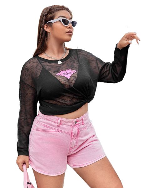 

plus heart & letter embroidery drop shoulder sweater without bra y7jz#, Black