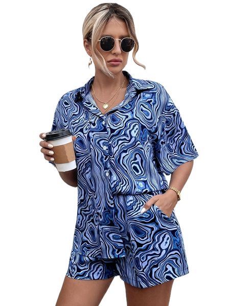 

marble print drop shoulder blouse & shorts c2bd#, White