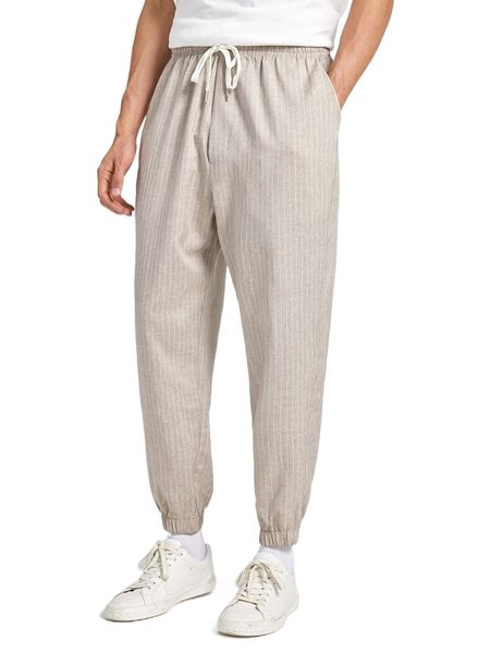 

men drawstring waist slant pocket striped tapered pants b44f#, Black