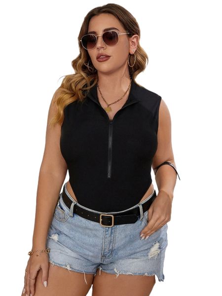 

plus solid half zipper bodysuit 911n#, Black
