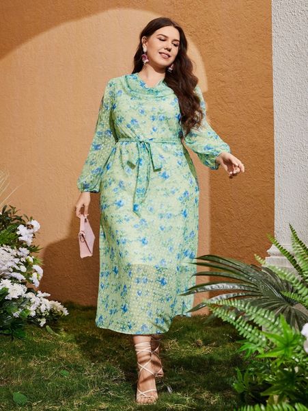 

plus swiss dot allover floral print belted dress g92p#, Black